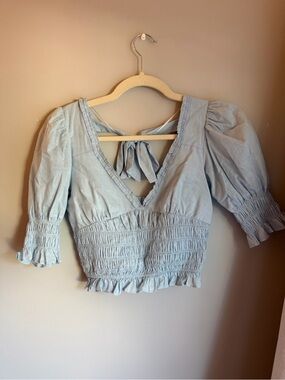 Light Blue Smocked V-Neck Women’s Top- small